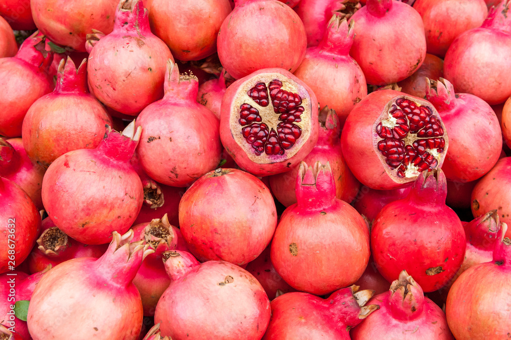 Pomegranates sold at shuk hacarmel market, Tel Aviv, Israel Pomegranates sold at shuk hacarmel market, Tel Aviv, Israel