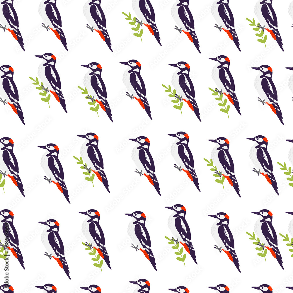 Obraz Vector flat seamless pattern with hand drawn forest woodpecker birds and fgreen brunch elements isolated on white background. Good for packaging paper, cards, wallpapers, gift tags, nursery decor etc.