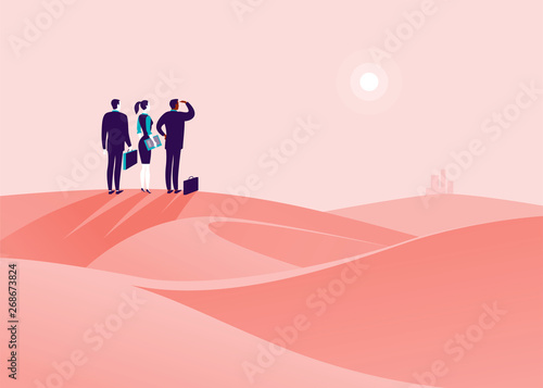 Business concept illustration with business people standing at desert hill & watching on horizon city. Metaphor for new aims, goal, purpose, achievements and aspirations, motivation, overcoming