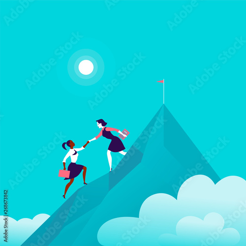 Flat illustration with business ladies climbing together on mountain peak top on blue clouded sky background. Team work, achievement, reaching aim, partnership, motivation, support, - metaphor.
