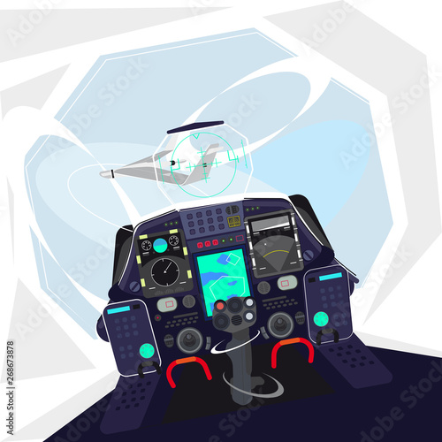 Interception of the drone illustration. The cockpit of a fighter inside. Pursuit of a military aircraft