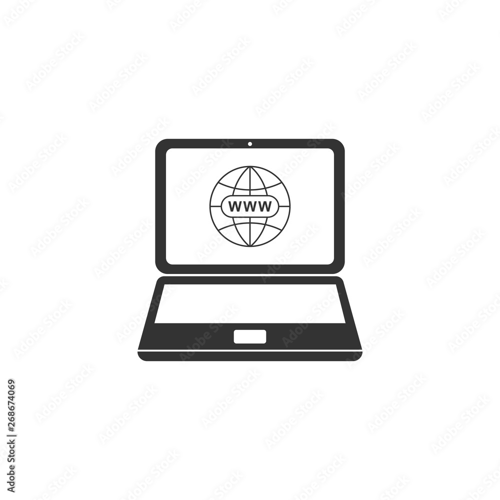 Website on laptop screen icon isolated. Globe on screen of laptop symbol. World wide web symbol. Internet symbol for your web site design, logo. Flat design. Vector Illustration Website on laptop screen icon isolated. Globe on screen of laptop symbol. World wide web symbol. Internet symbol for your web site design, logo. Flat design. Vector Illustration