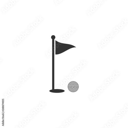 Golf ball and hole with flag icon isolated. Golf course. Ball and flagstick in hole. Sport concept. Flat design. Vector Illustration