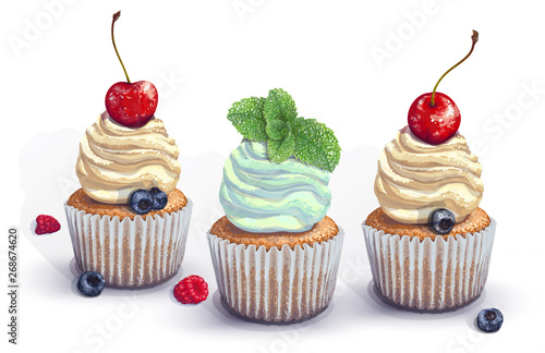 Set of vector cupcakes. A crumbly, gentle wet biscuit with a stunning soft air cream cheese ,mint-flavored, with fresh blueberry, raspberry, mint, cherry. Paper got wet from the juiciness of the cake