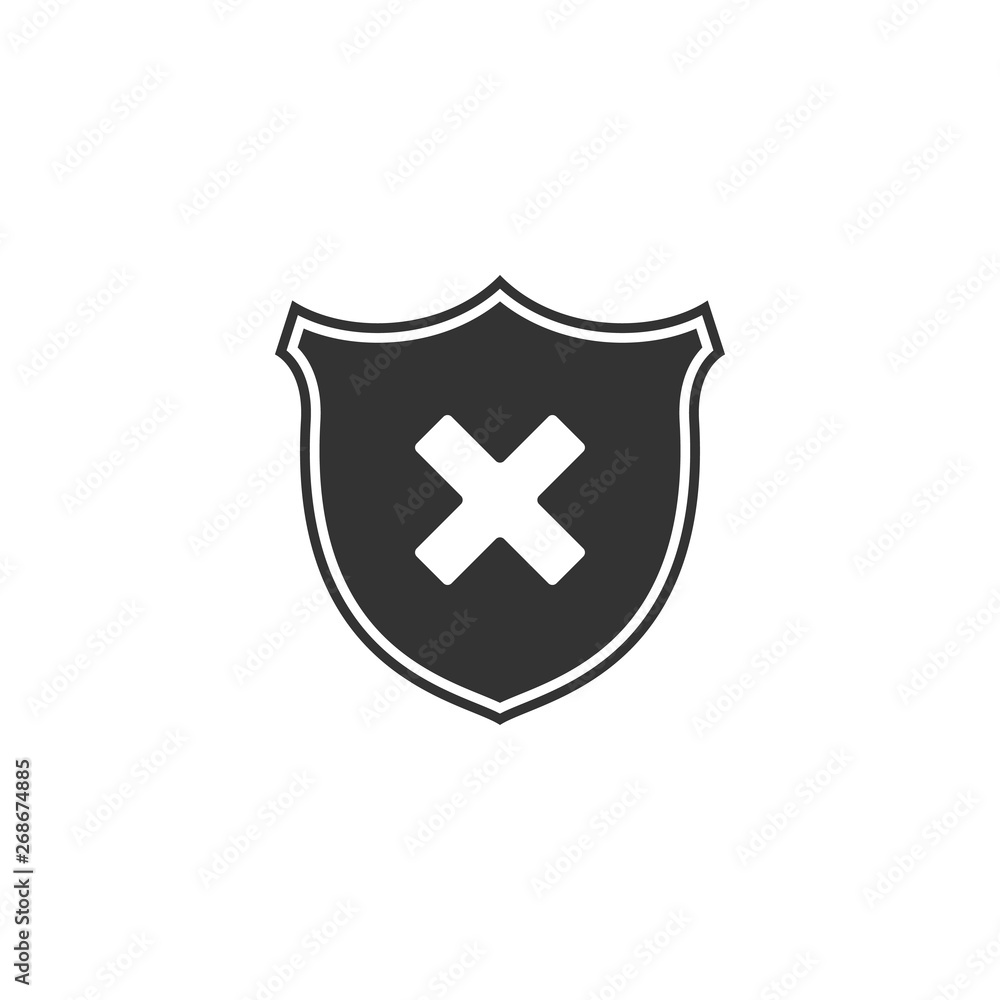Shield and cross x mark icon isolated. Denied disapproved sign. Protection and safety or security, reliability concepts. Flat design. Vector Illustration