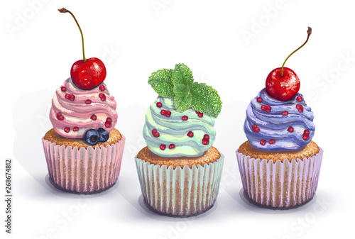 Set of vector cupcakes. A crumbly, gentle wet biscuit with a colorful soft cream cheese ,mint-flavored, with juicy fresh blueberry, raspberry pieces, mint, cherry. Paper got wet from cake juiciness