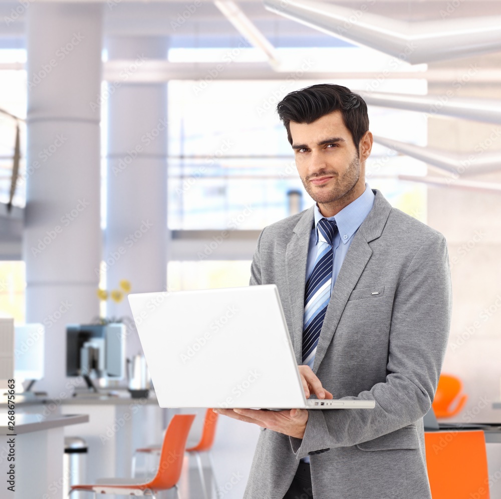 Confident businessman with laptop at bright office Confident businessman with laptop at bright office