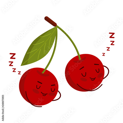 Character cherry is sleeping and snoring. Cherry berries sleep together, putting his hand under his head.