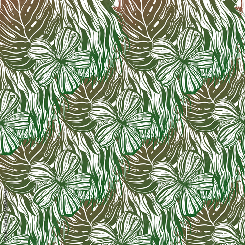 Tropical Leaves trend gradient. Seamless Pattern with Hand Drawn Leaves. Exotic Rapport for Textile, Fabric. Vector Seamless Background with Tropic Plants. © ArinaKram