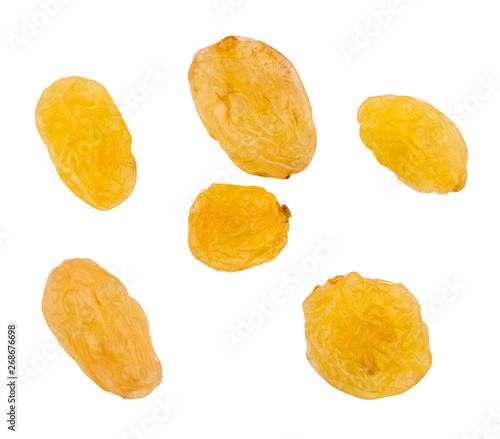 Raisins isolated on white background, macro, top view