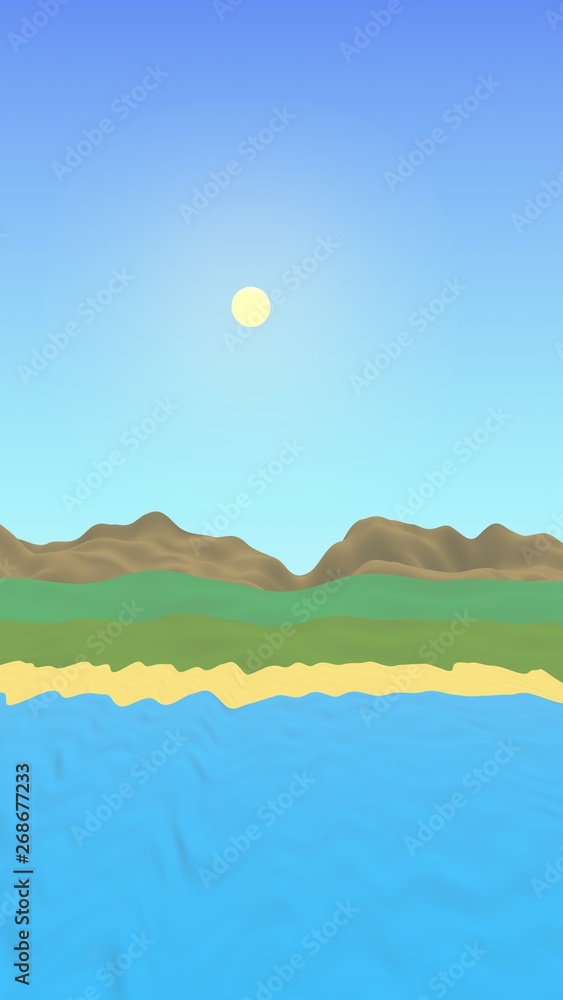 Sun Sea Beach. Noon. Ocean shore line with waves on a beach. Island beach paradise with waves. Vacation, summer, relaxation. Seascape, seashore. Minimalist landscape, primitivism. 3D illustration