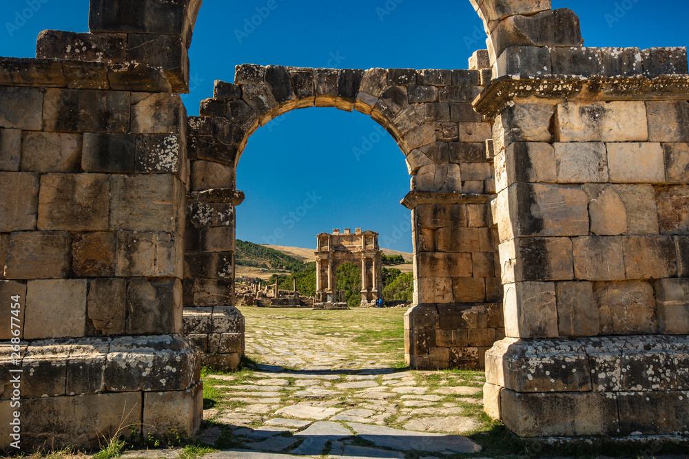Gate in ancient Roman ruin in Cuicul, Djemila, Algeria