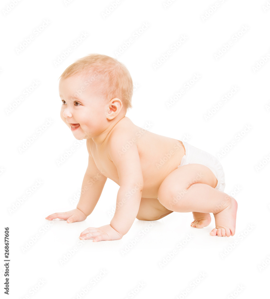 Crawling Baby, Infant Kid Crawl on white background, Happy Three Months old Child Crawling Baby, Infant Kid Crawl on white background, Happy Three Months old Child