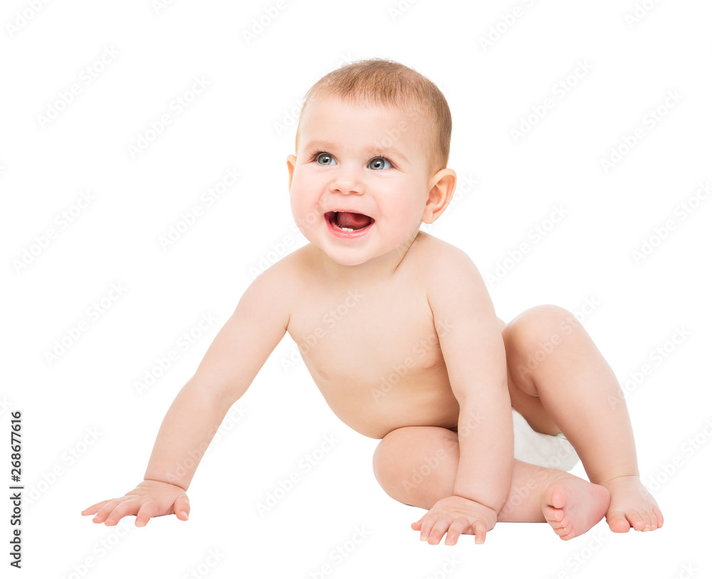 Baby in Diaper, Infant Kid Sitting on white background, Happy One year old Girl Baby in Diaper, Infant Kid Sitting on white background, Happy One year old Girl