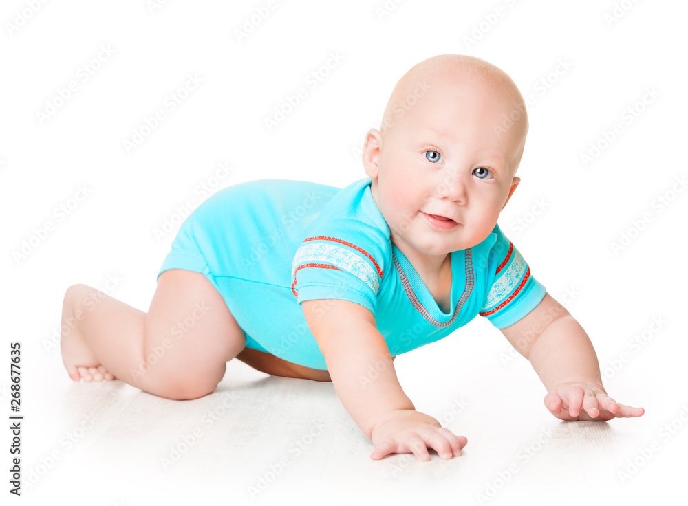 Crawling Baby, Infant Kid Crawl in romper on white background, Happy six months old Child Crawling Baby, Infant Kid Crawl in romper on white background, Happy six months old Child