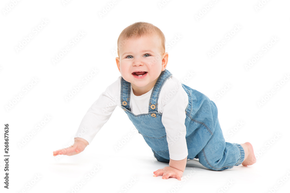 Crawling Baby, Infant Kid Crawl on white background, Happy One year old  Child in Jeans Photos | Adobe Stock