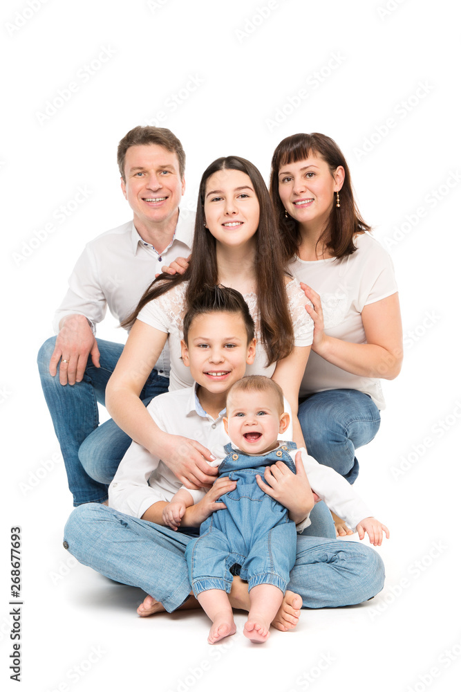 Family Studio Portrait, Happy Parents and Three Children with Baby on White Background