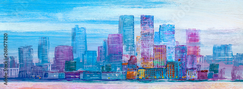 Artistic painting of skyscrapers.Abstract style.Cityscape panorama.