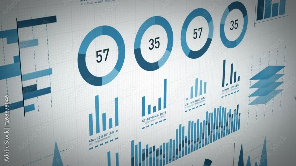 Business Statistics, Market Data And Infographics Layout/ 4k animation of a set of design business and market data analysis and reports, with infographics, bar stats, charts and diagrams