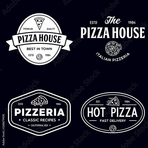 Set of pizza logo, badges, banners, emblems for fast food restaurant. Collection labels for menu design restaurant or pizzeria.