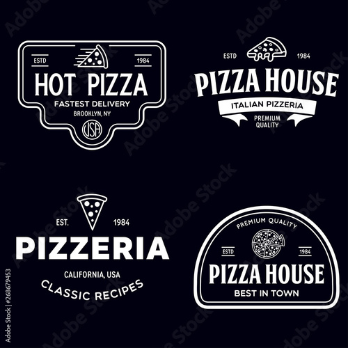 Set of pizza logo, badges, banners, emblems for fast food restaurant. Collection labels for menu design restaurant or pizzeria.