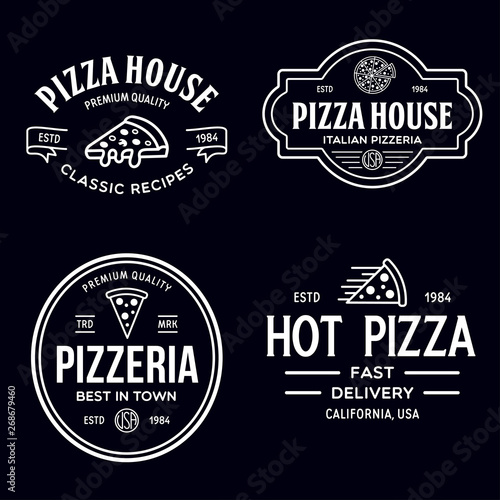 Set of pizza logo, badges, banners, emblems for fast food restaurant. Collection labels for menu design restaurant or pizzeria.