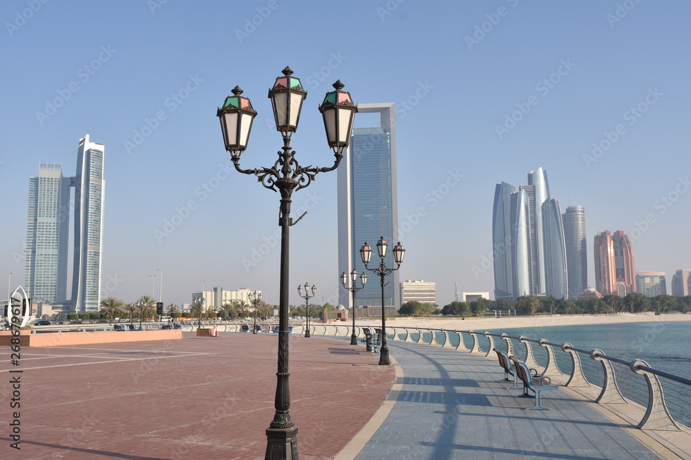Abu Dhabi Marina Promenade with Lampposts and Skyscrapers