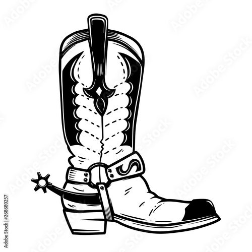 Hand drawn illustration of cowboy boot isolated on white background. Design element for poster, card, banner, t shirt, emblem, sign. Vector illustration