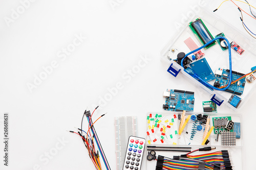 Electronic Components, chips, resistors, light-emitting diodes, multicolored soldless thin wires with connectors for Microcontrollers and Robotics, DIY, STEM Education, Electronic Projects