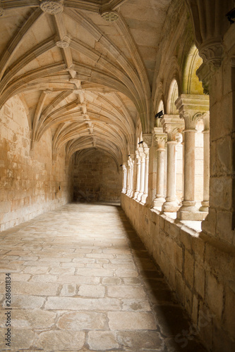 Santo Estevo, Spain - April 17, 2019: Cloister belonging to a convent qualified as a national hostel.