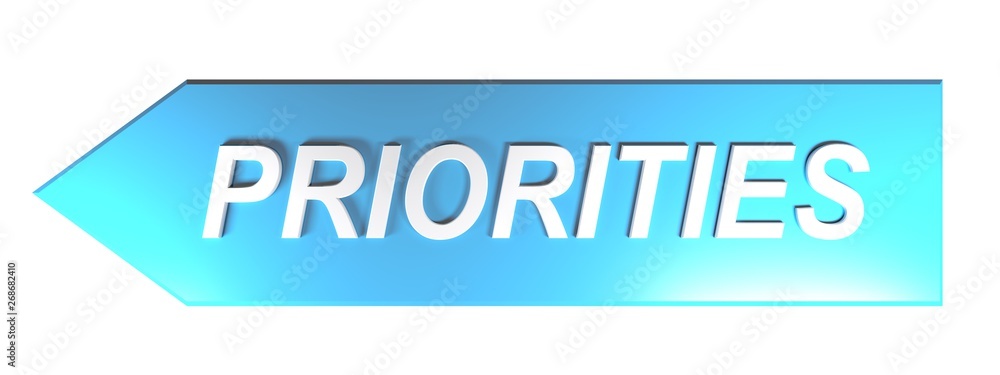 PRIORITIES on blue arrow - 3D rendering PRIORITIES on blue arrow - 3D rendering