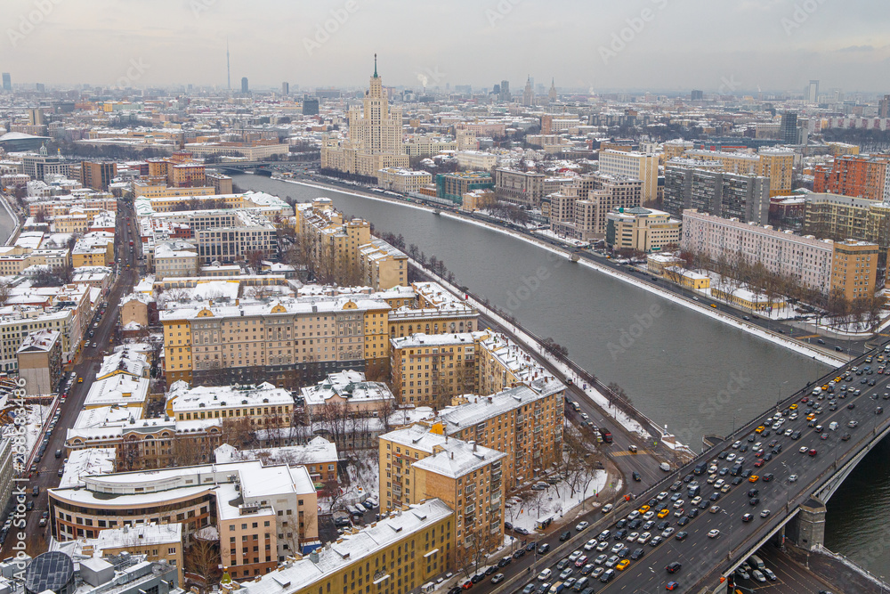View of Moscow in winter from a great height. View of the road in rush hour.