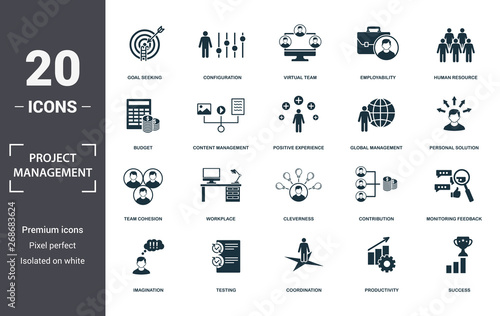 Project Management icons set collection. Includes simple elements such as Goal Seeking, Configuration, Virtual Team, Employability, Human Resource, Workplace and Cleverness premium icons