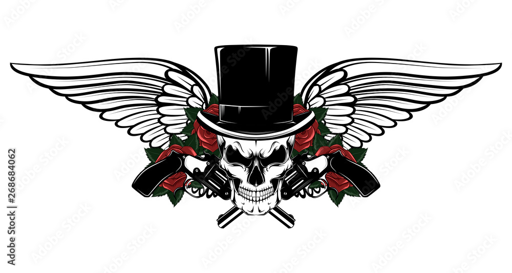Εκτύπωση καμβά Skull in a hat cylinder with revolvers, roses, wings.