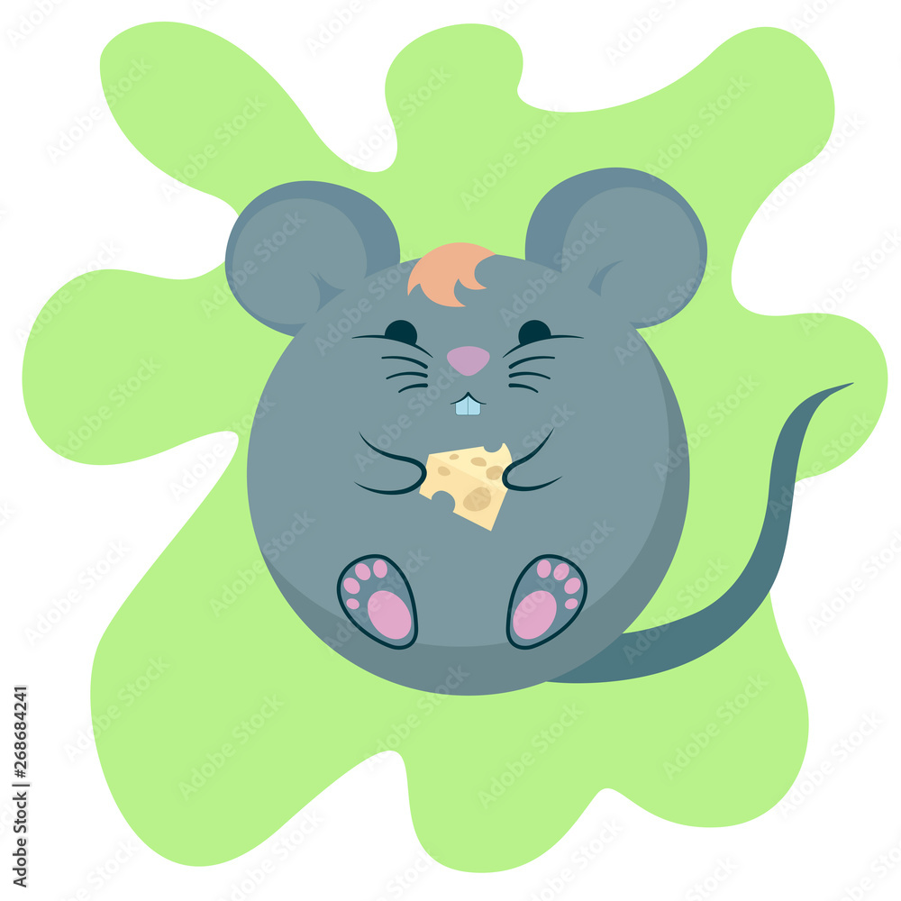 Gray cartoon rat with cheese on a green background. Glutton. The symbol of 2020. Gray cartoon rat with cheese on a green background. Glutton. The symbol of 2020.