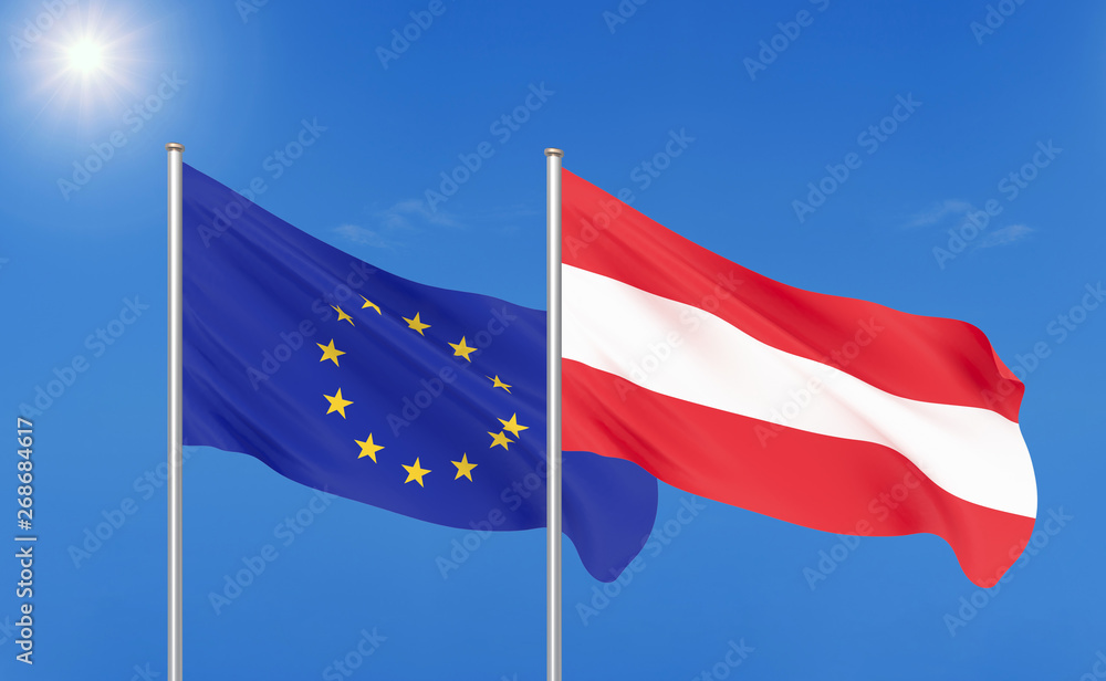 European Union vs Austria. Thick colored silky flags of European Union and Austria. 3D illustration on sky background. - Illustration European Union vs Austria. Thick colored silky flags of European Union and Austria. 3D illustration on sky background. - Illustration