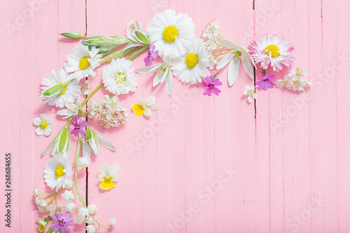 beautiful flowers on pink wooden background © Maya Kruchancova