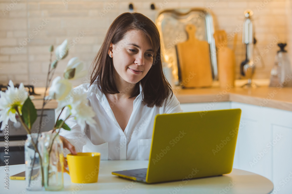 young pretty caucasian woman talking on the phone sitting in front of laptop in the kitchen young pretty caucasian woman talking on the phone sitting in front of laptop in the kitchen