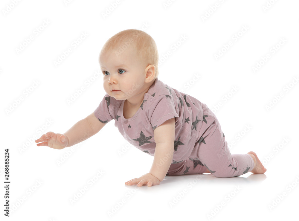 Cute little baby crawling on white background Cute little baby crawling on white background