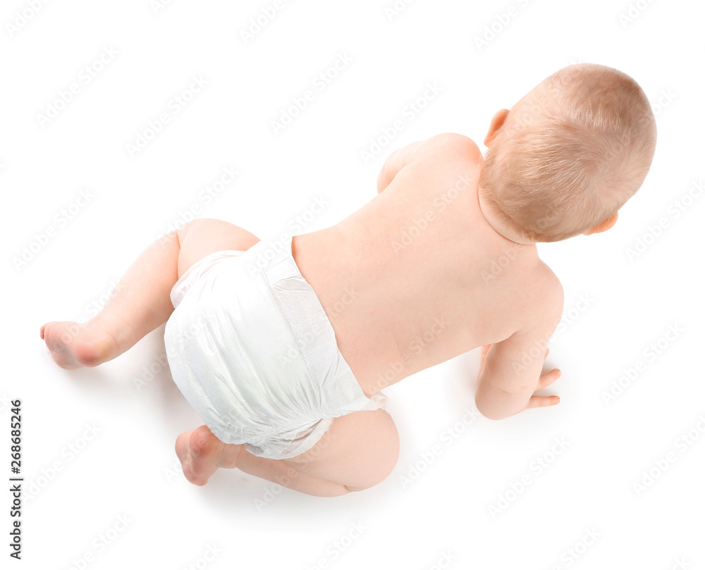 Wall Mural Cute little baby crawling on white background, top view