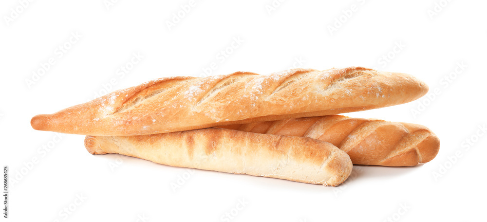 Tasty baguettes isolated on white. Fresh bread
