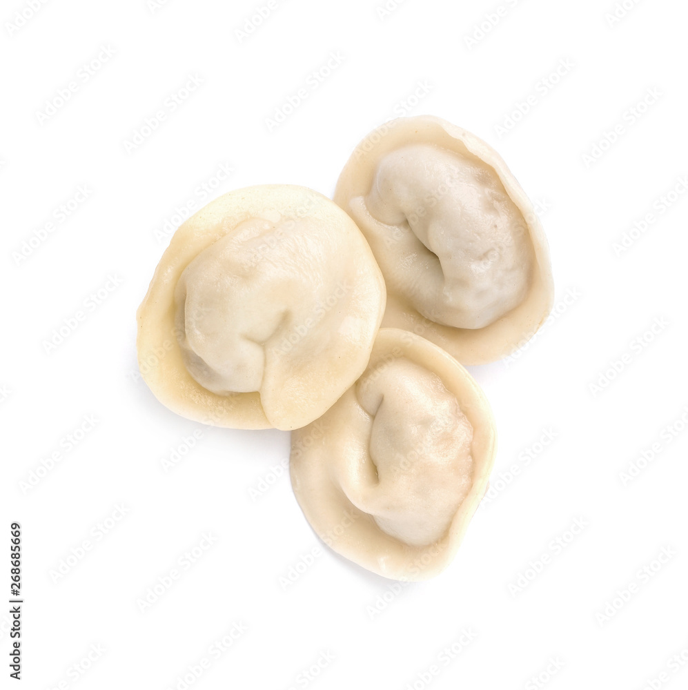 Fresh boiled dumplings on white background, top view Fresh boiled dumplings on white background, top view
