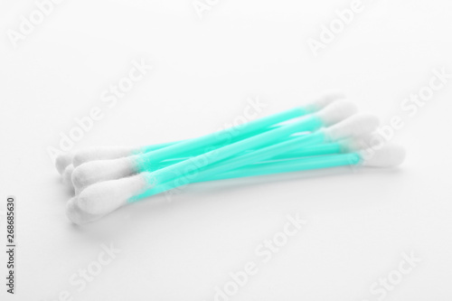 Plastic cotton swabs on white background. Hygienic accessory