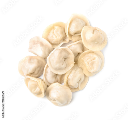 Pile of boiled dumplings on white background, top view