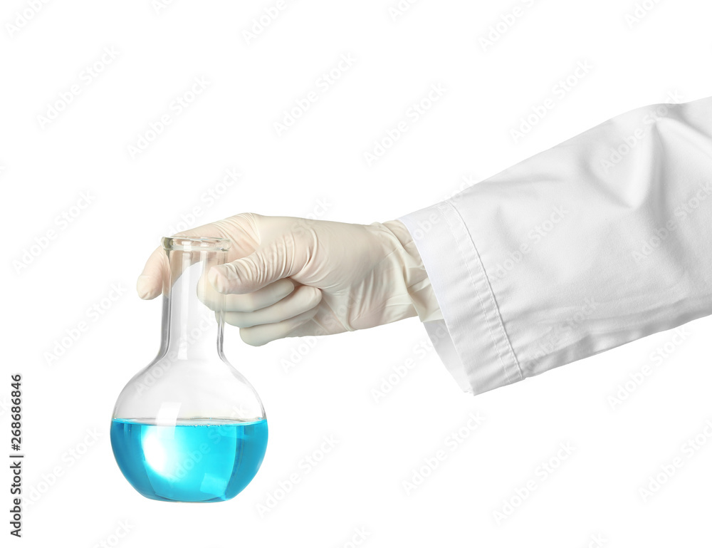 Scientist holding glass flask with liquid on white background. Chemical research Scientist holding glass flask with liquid on white background. Chemical research