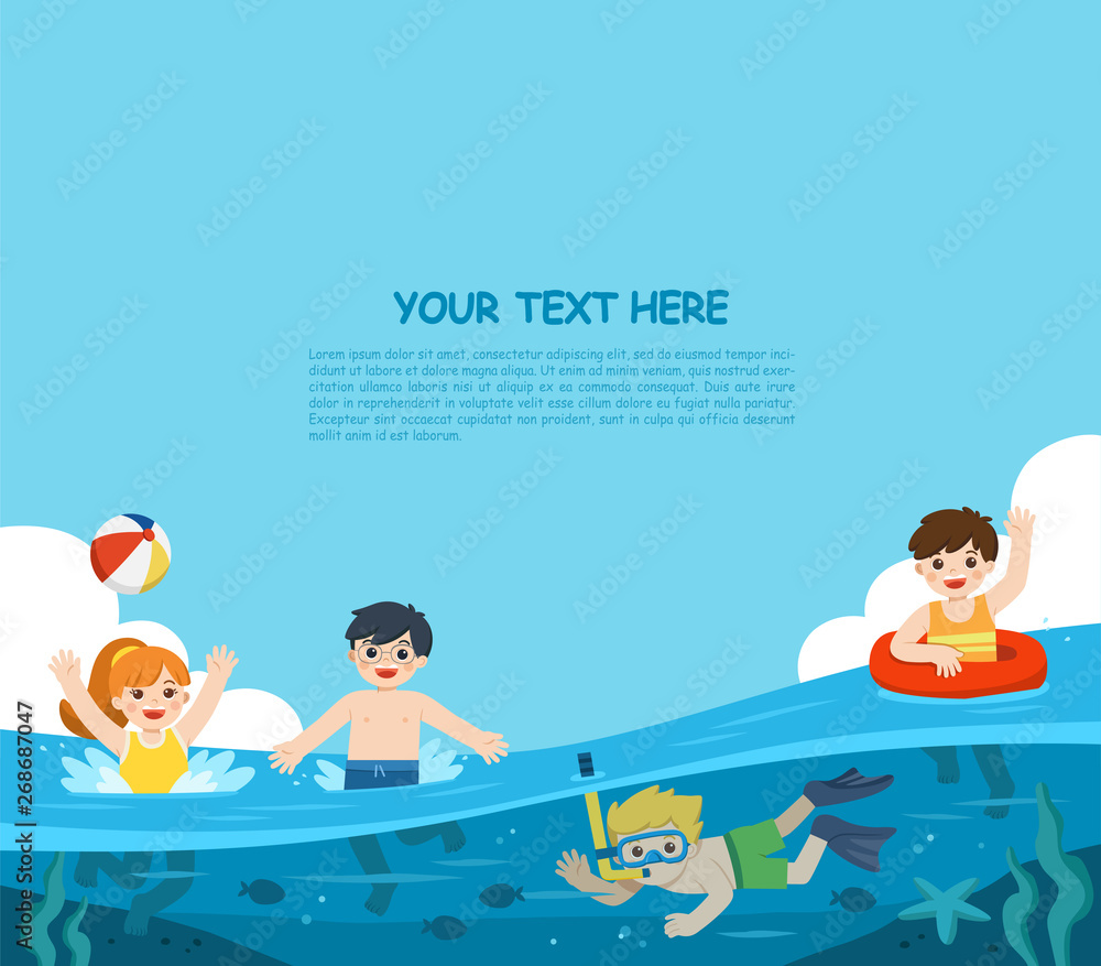 Happy kids play and swim in the sea. A Little boy diving with fish under the ocean. Kids having fun outdoors. Illustration Of Summer Kids.  Template for advertising brochure.