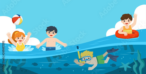 Happy kids play and swim in the sea. A Little boy diving with fish under the ocean. Kids having fun outdoors. Illustration Of Summer Kids.