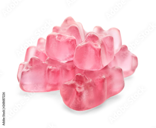 Pile of delicious jelly bears on white background