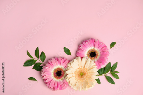 Flat lay composition with beautiful bright gerbera flowers on color background. Space for text photo