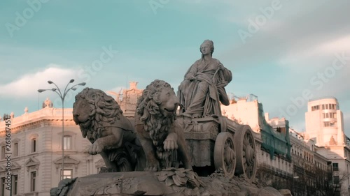 Cibeles Fountain In the evening At Plaza De Cibeles At Madrid, Spain, Europe. Dolly in, 4k, UHD photo
